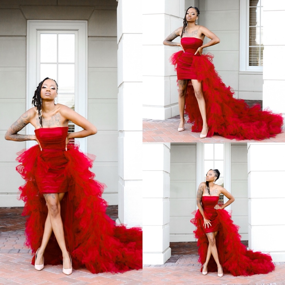 Custom Oyemwen Maroon Mini Dress With Detachable Train